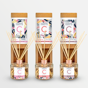 Handpoured Natural Reed Diffusers by Coorong Candle Co: Fleurieu Strawberry Champagne, Dreaming Lotus Flower, Sanctuary Coconut Lime.