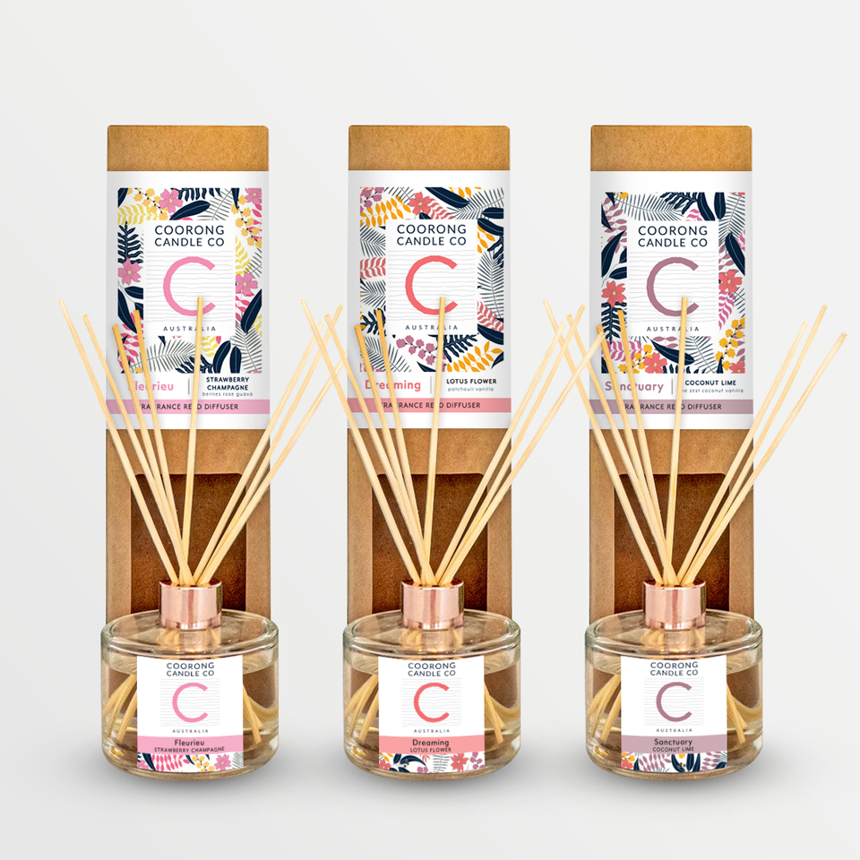 Handpoured Natural Reed Diffusers by Coorong Candle Co: Fleurieu Strawberry Champagne, Dreaming Lotus Flower, Sanctuary Coconut Lime.