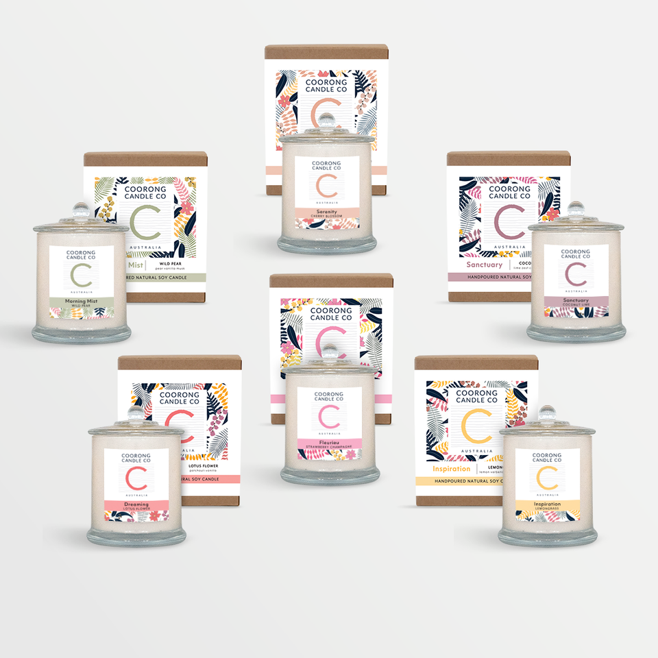 Handmade Soy Wax Candles by Coorong Candle Co: Inspiration Lemongrass, Fleurieu Strawberry Champagne, Morning Mist Wild Pear, Serenity Cherry Blossom, Dreaming Lotus Flower, Sanctuary Coconut Lime.