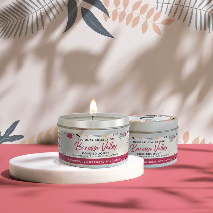 Handpoured ‘Barossa Valley’ Rose Bouquet fragranced soy wax 165gm travel candle in a white tin with decorative white label, made by Coorong Candle Co in South Australia, inspired by the Coorong. 