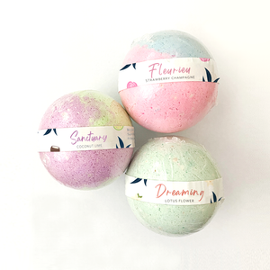 Handmade Bath Bombs by Coorong Candle Co: Fleurieu Strawberry Champagne Bath Bomb, Sanctuary Coconut Lime Bath Bomb, Dreaming Lotus Flower Bath Bomb.