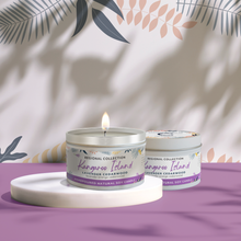 Handpoured ‘Kangaroo Island’ Lavendar Cedarwood fragranced soy wax 160gm travel candle in a white tin with decorative white label, made by Coorong Candle Co in South Australia, inspired by the Coorong.