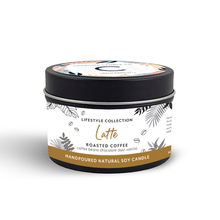 Handpoured 'Latte' Roasted Coffee fragranced soy wax 165gm travel candle in a black tin with decorative white label, made by Coorong Candle Co in South Australia, inspired by the Coorong.