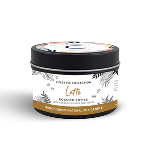 Handpoured 'Latte' Roasted Coffee fragranced soy wax 165gm travel candle in a black tin with decorative white label, made by Coorong Candle Co in South Australia, inspired by the Coorong.